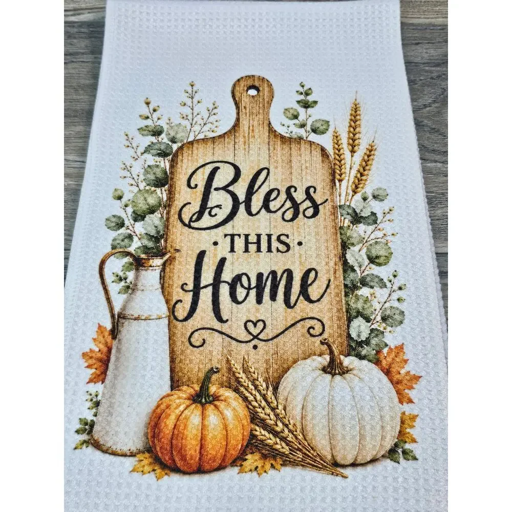 Bless This Home Fall Pumpkin Kitchen Towel Farmhouse Thanksgiving Decor